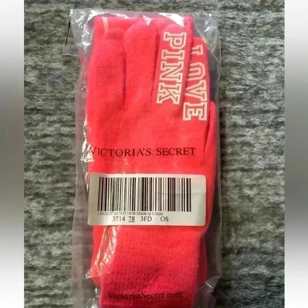 Victoria's Secret Pink Knit Headband and Gloves Set Neon Coral Pink Logo